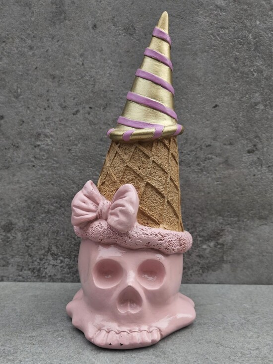 Halloween Other - NWT Pink Halloween Skull Ice Cream Cone Figurine Gold Witch Hat Spooky Cute Deco
